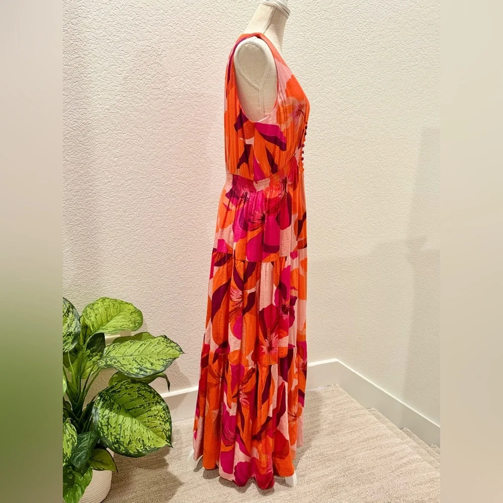 KELLY GRACE - Taylor Tiered Midi Dress - Orange Pink Floral - Size XL - Picture 5 of 8